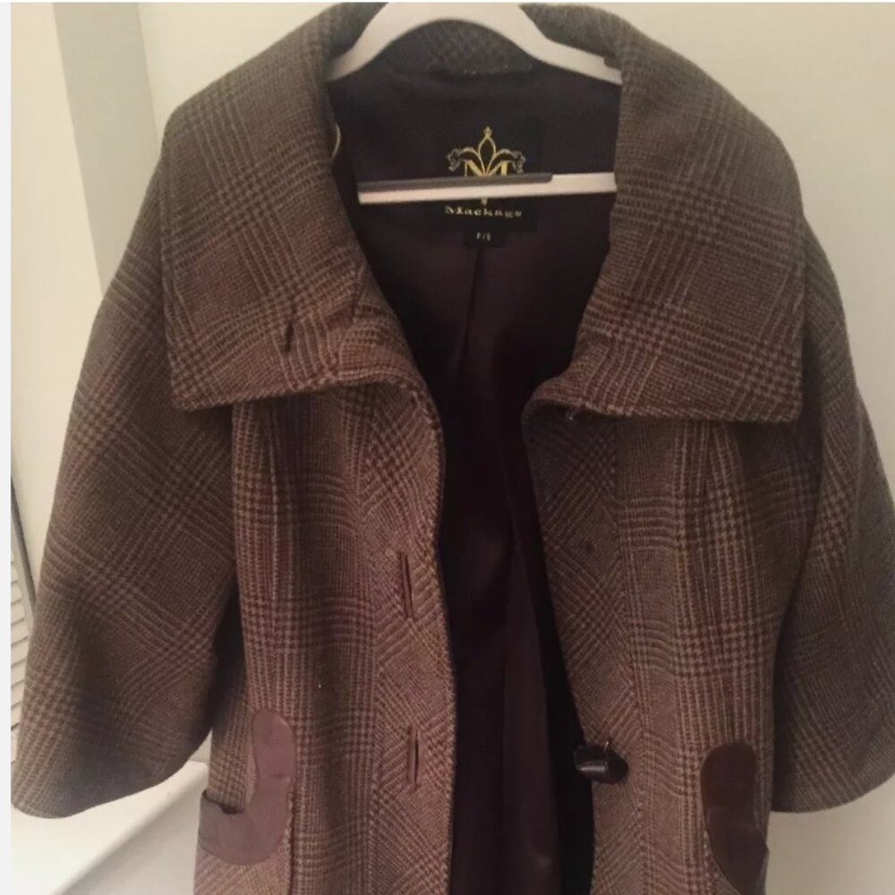 Mackage women's Brown Plaid Wool Cape Jacket Leather Swing Coat Sz Small